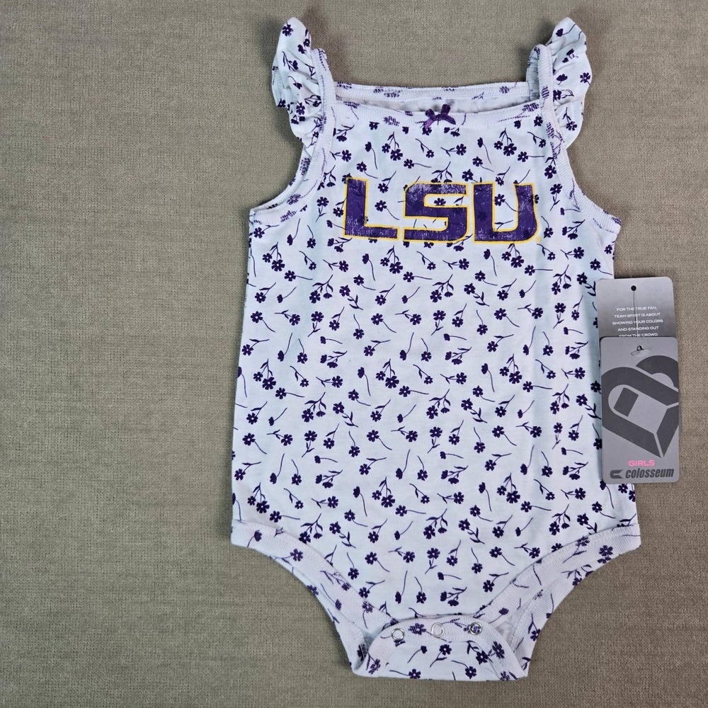 Colosseum LSU Tigers Infant Girls Floral Ruffle Bodysuit White Purple 6-12M NWT